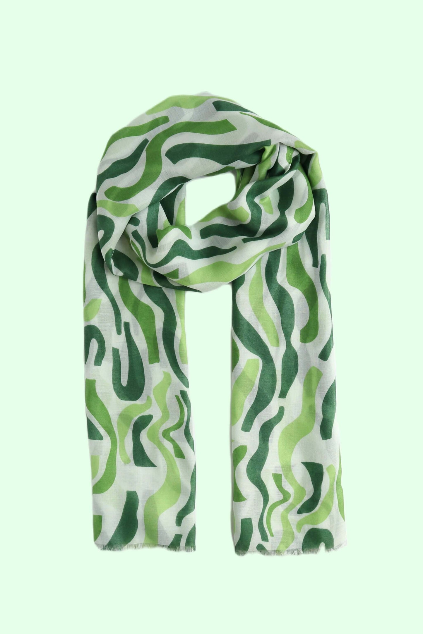 Aurora's Array: Soft, lightweight scarf with an abstract wavy stripe print in shades of green and white, styled in a loop.