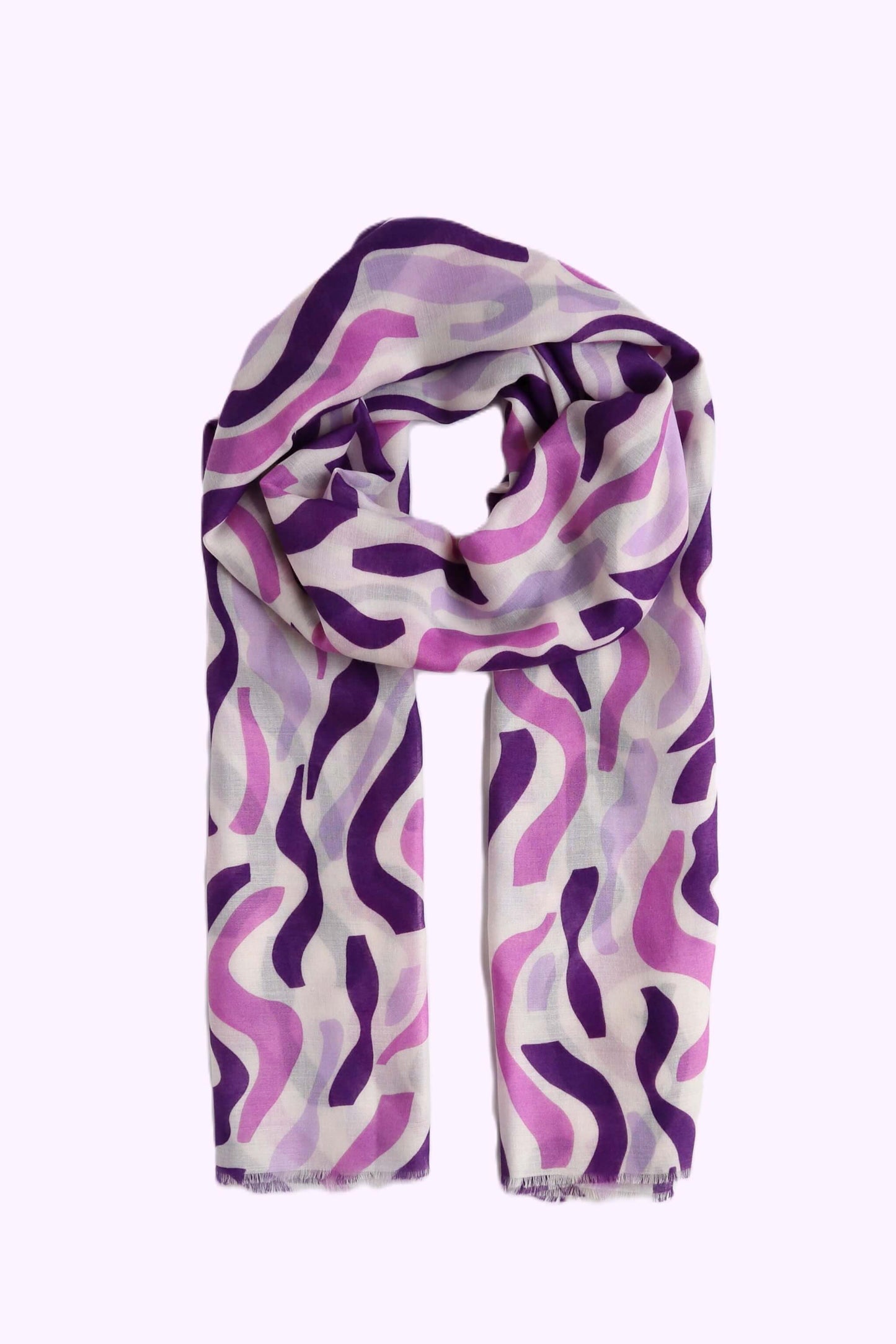 Aurora's Array: Soft, lightweight scarf with an abstract wavy stripe print in shades of purple and white, styled in a loop.