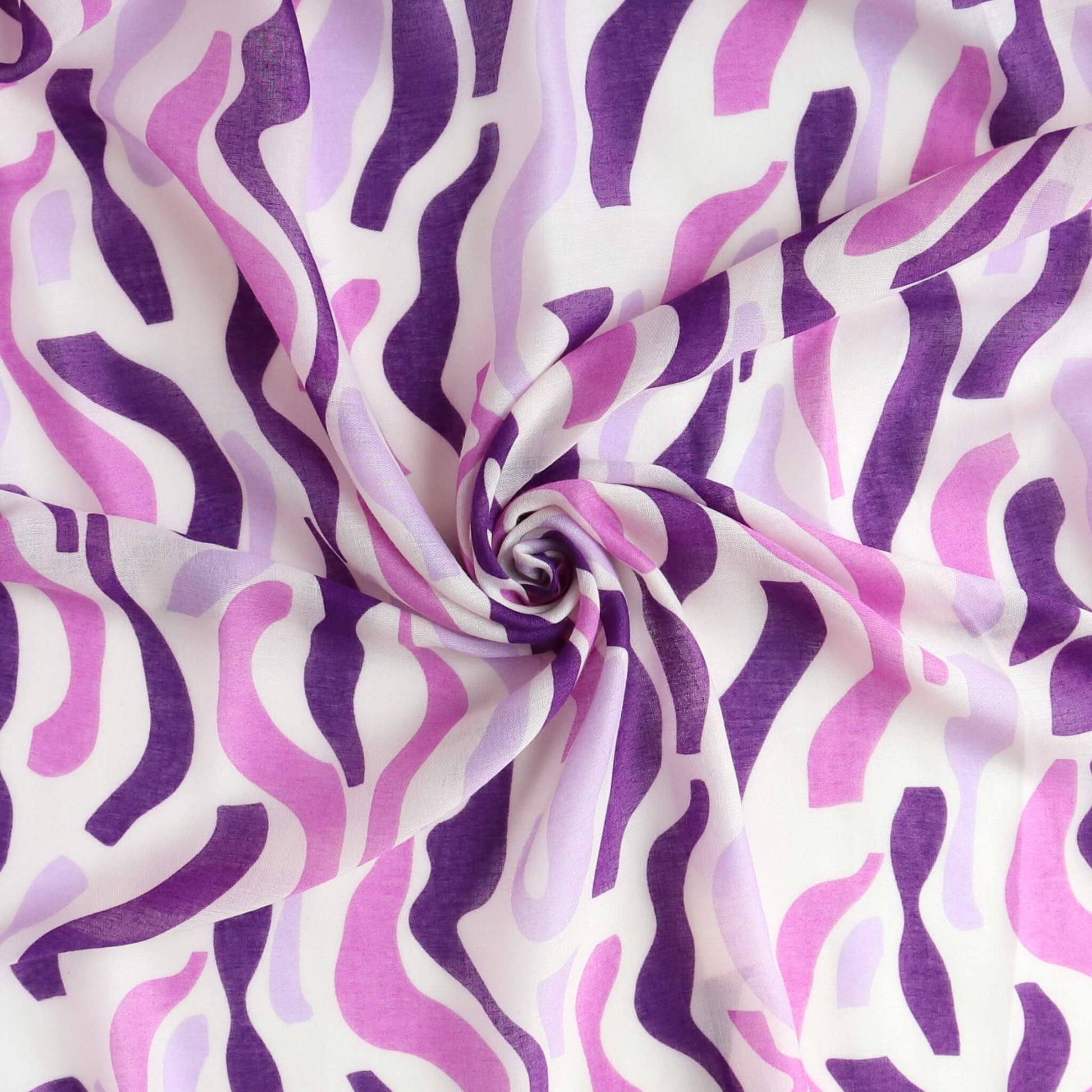 Aurora's Array: Close-up of a soft, lightweight scarf with an abstract wavy stripe print in shades of purple and white, swirled to show detail.
