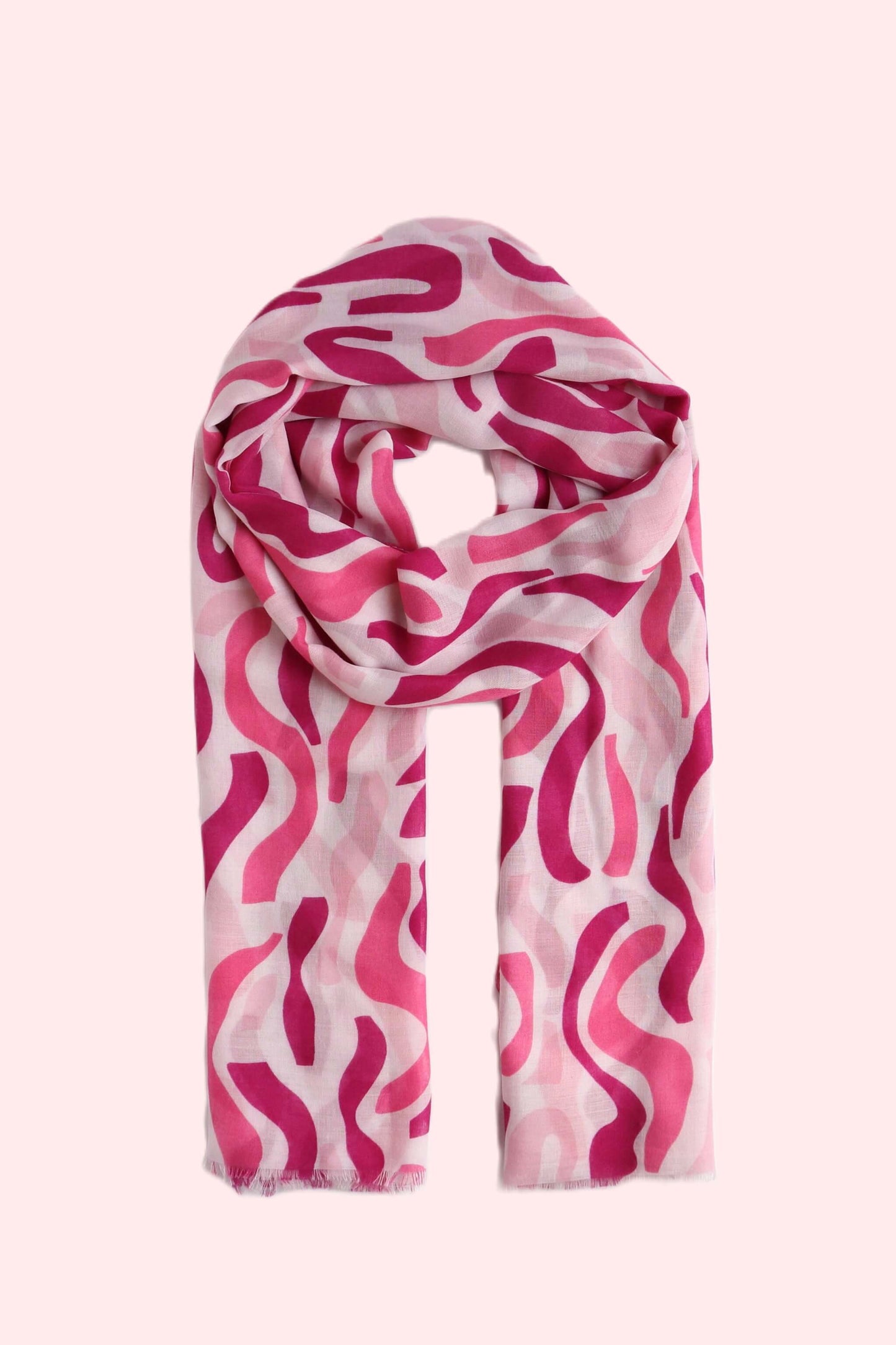 Aurora's Array: Soft, lightweight scarf with an abstract wavy stripe print in shades of pink and white, styled in a loop.