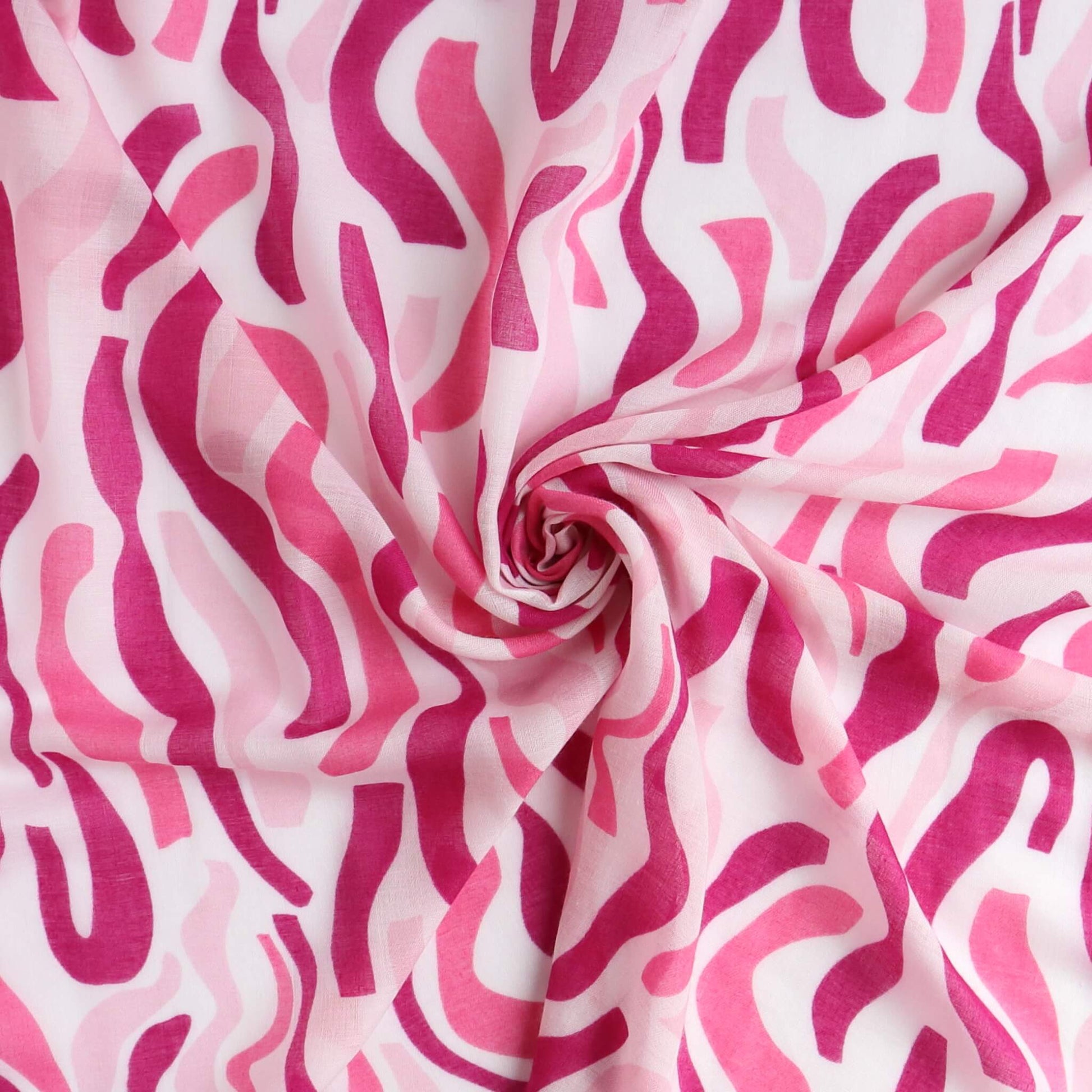 Aurora's Array: Close-up of a soft, lightweight scarf with an abstract wavy stripe print in shades of pink and white, swirled to show detail.