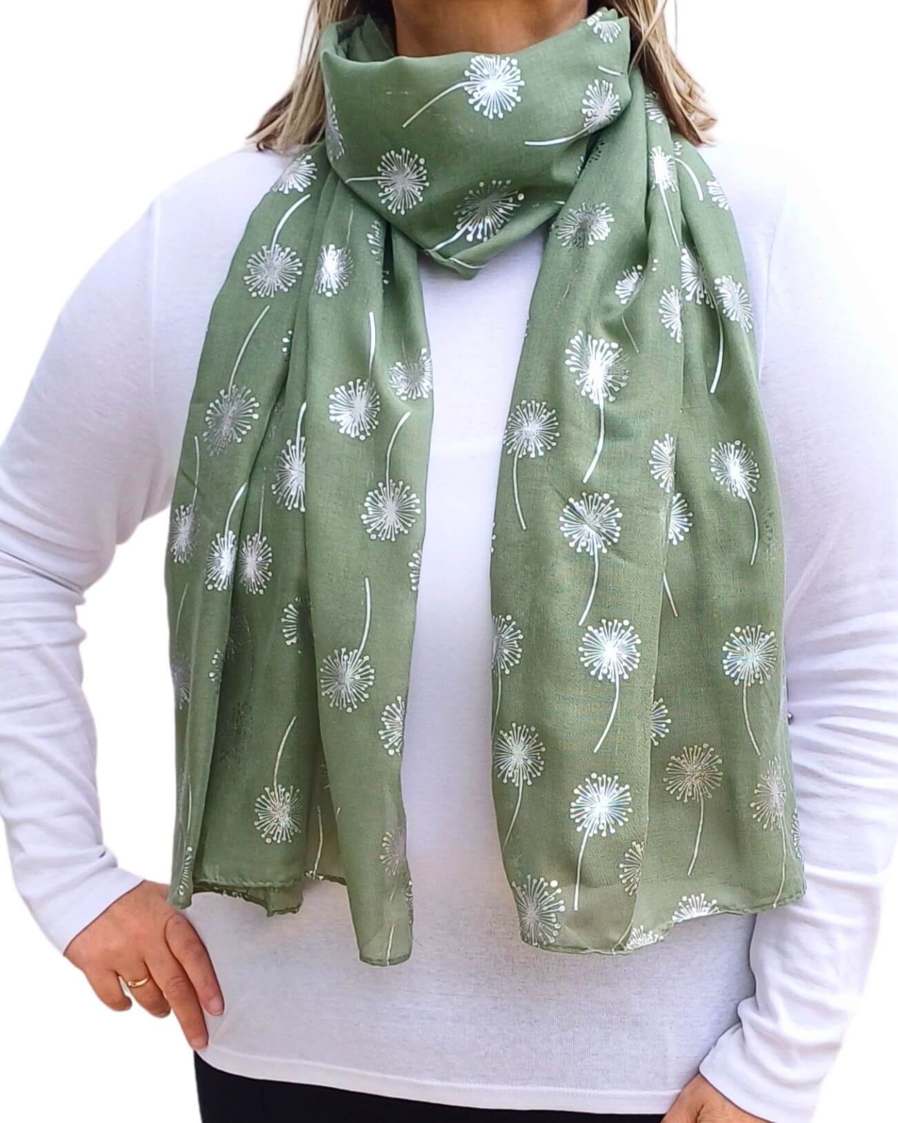 Silver Dandelion Print Scarf – Lightweight Soft Cotton-Viscose Blend with Metallic Foil