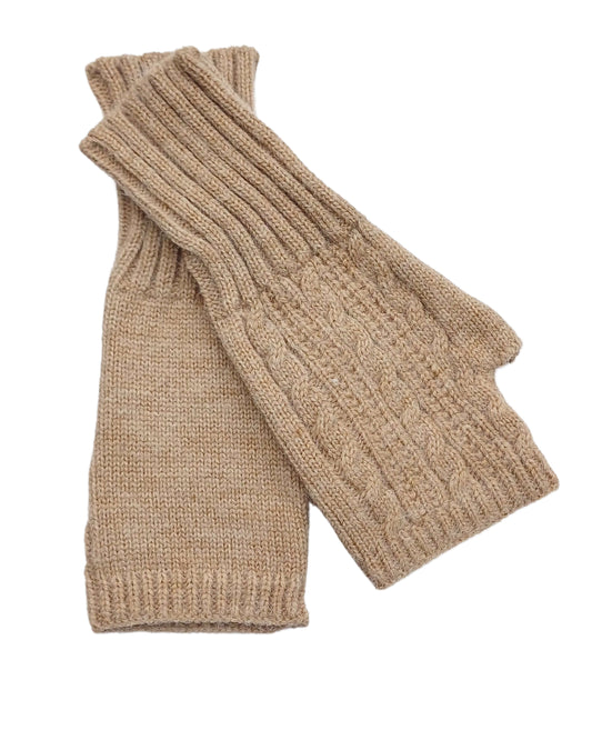 Aurora's Array Knitted Wool Mix Fingerless Gloves: A pair of beige, knitted fingerless gloves with a ribbed texture and a cable knit detail on the gloves.