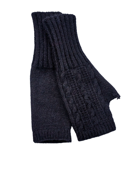 Aurora's Array Knitted Wool Mix Fingerless Gloves: A pair of black, knitted fingerless gloves with a ribbed texture and a cable knit detail on the gloves.