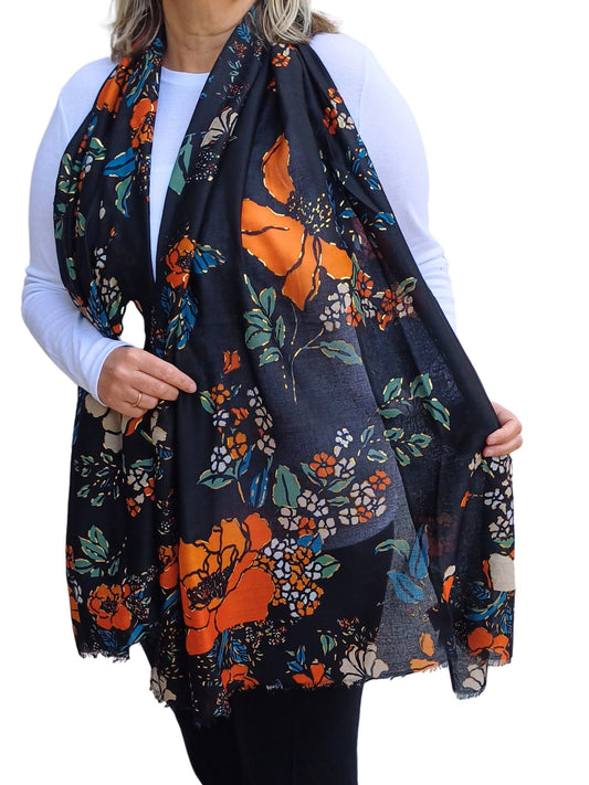 Burnt Orange Magnolia flower print lightweight scarf/shawl - burnt-orange-magnolia-flower-print-lightweight-scarf-shawl-on-a-black-cotton-blend-fabric-with-fringes-1-Scarf
