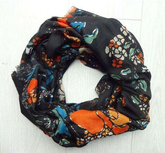 Burnt Orange Magnolia flower print lightweight scarf/shawl - burnt-orange-magnolia-flower-print-lightweight-scarf-shawl-on-a-black-cotton-blend-fabric-with-fringes-1-Scarf