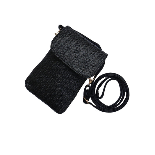 Aurora's Array: Stylish black woven crossbody phone bag with a flap closure and adjustable strap.