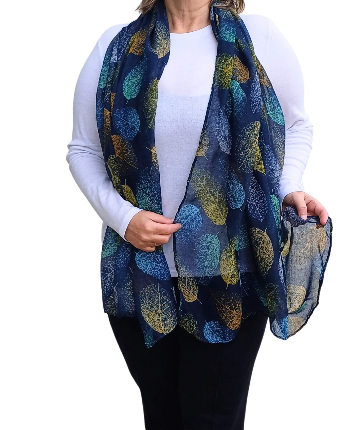 Blue-Scarf-with-Autumn-Leaves-Print-on-a-model