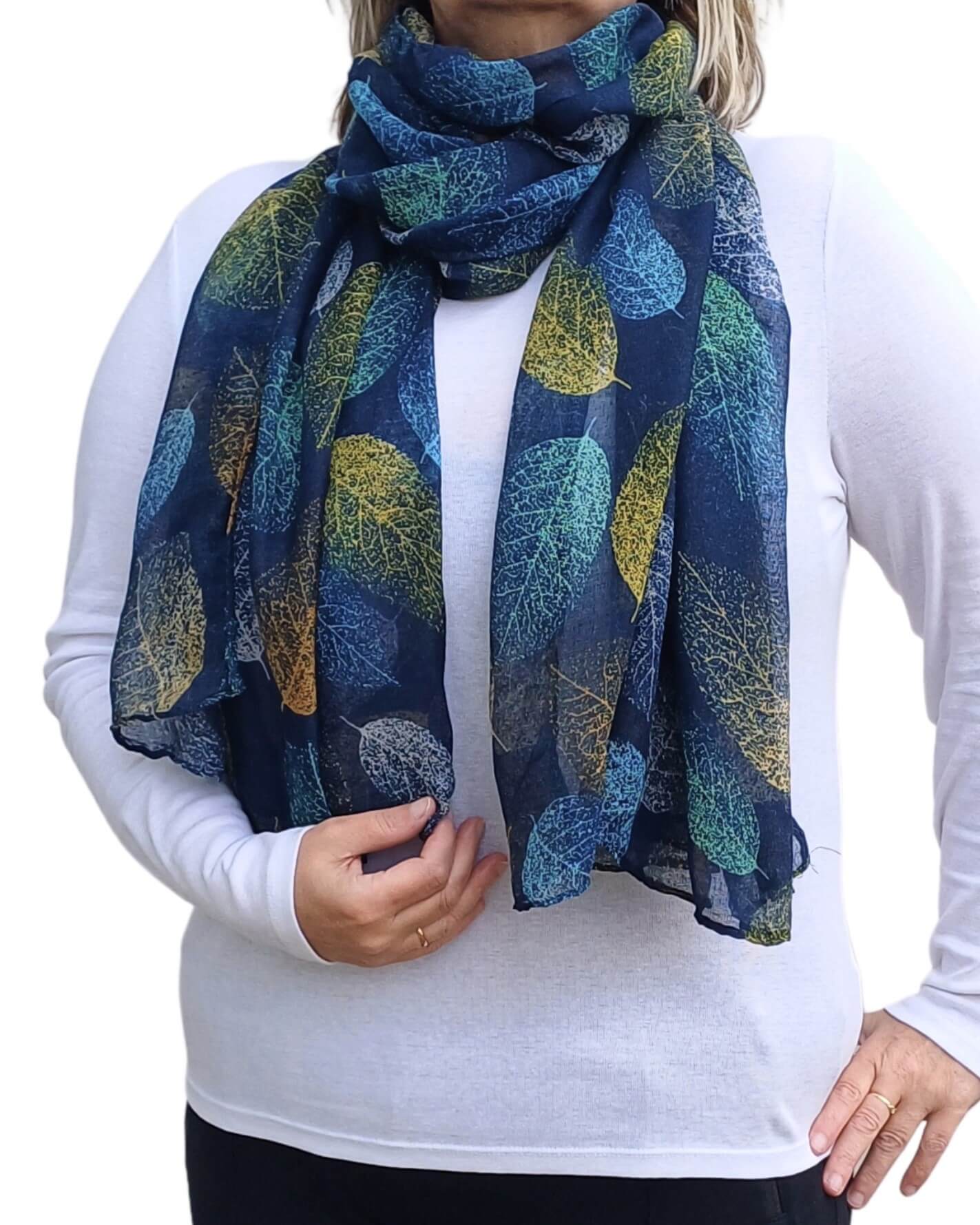 Blue-Scarf-with-Autumn-Leaves-Print-on-Model