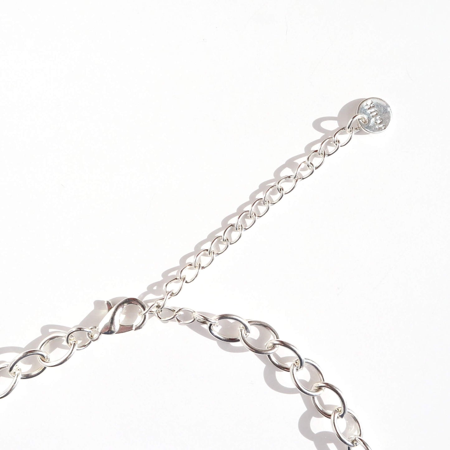 Close-up of a silver-toned necklace clasp and extender chain. Features a lobster claw closure and small circular charm at the end.