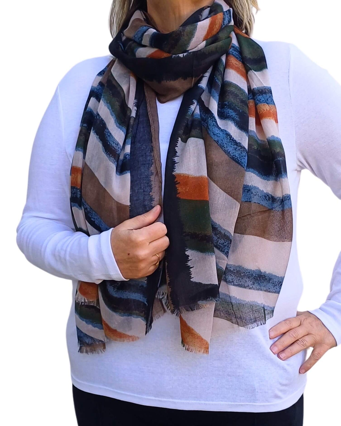 Aurora's Array: Woman models a soft, lightweight scarf with blended horizontal stripes in shades of brown, green, blue, orange, cream, and black, wrapped around her neck.