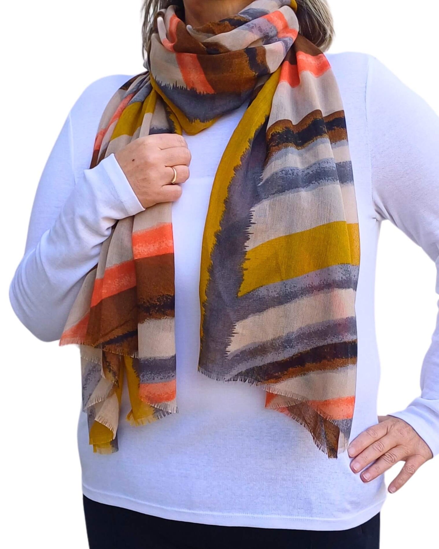Aurora's Array: Woman models a soft, lightweight scarf with horizontal stripes in mustard yellow, orange, brown, grey, and cream, wrapped around her neck.