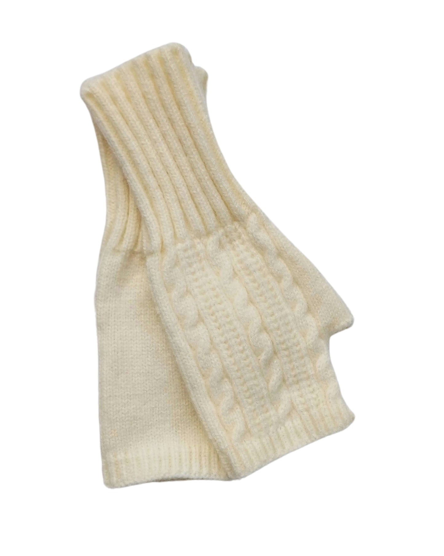 Aurora's Array Knitted Wool Mix Fingerless Gloves: A pair of cream, knitted fingerless gloves with a ribbed texture and a cable knit detail on the gloves.