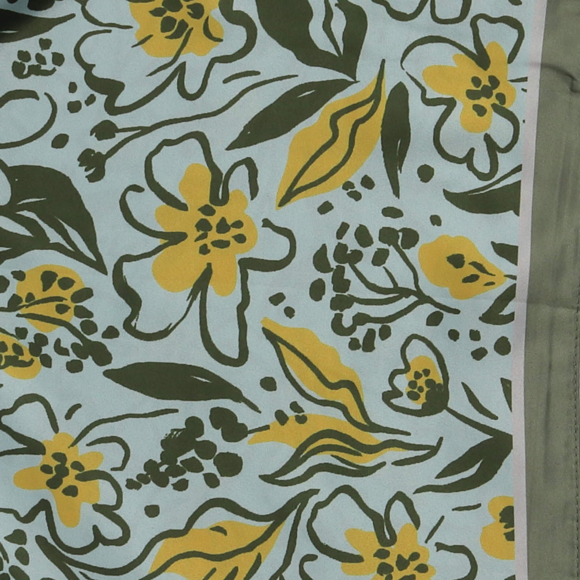 Aurora's Array: Close-up of a small square silk scarf with a floral pattern in shades of green and yellow on a light blue background.
