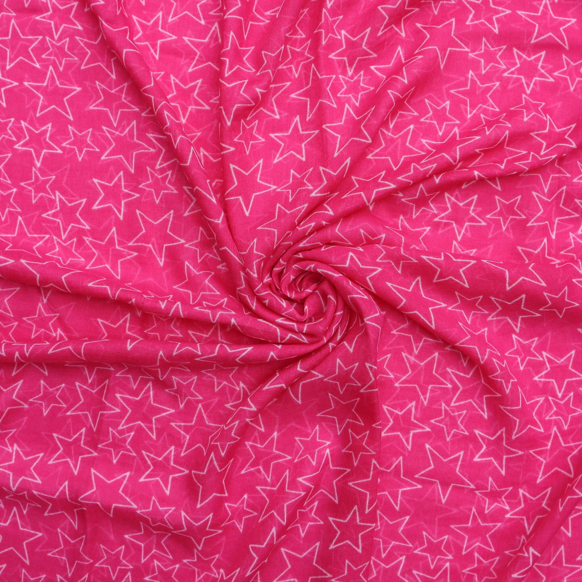 Aurora's Array: Close-up of a soft, lightweight bright pink scarf with a subtle white star print, swirled to show detail.