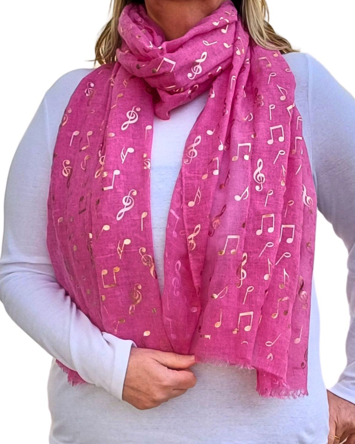 Aurora's Array: Fuchsia Pink scarf with rose gold music notes.