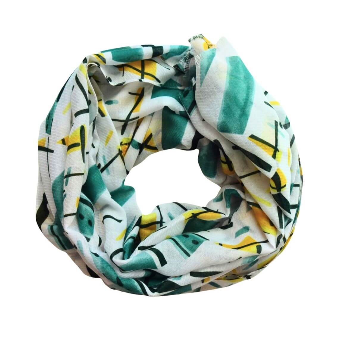 Aurora's Array: A lightweight scarf with a modern abstract print in white, yellow, green, and black, arranged in a circular shape.