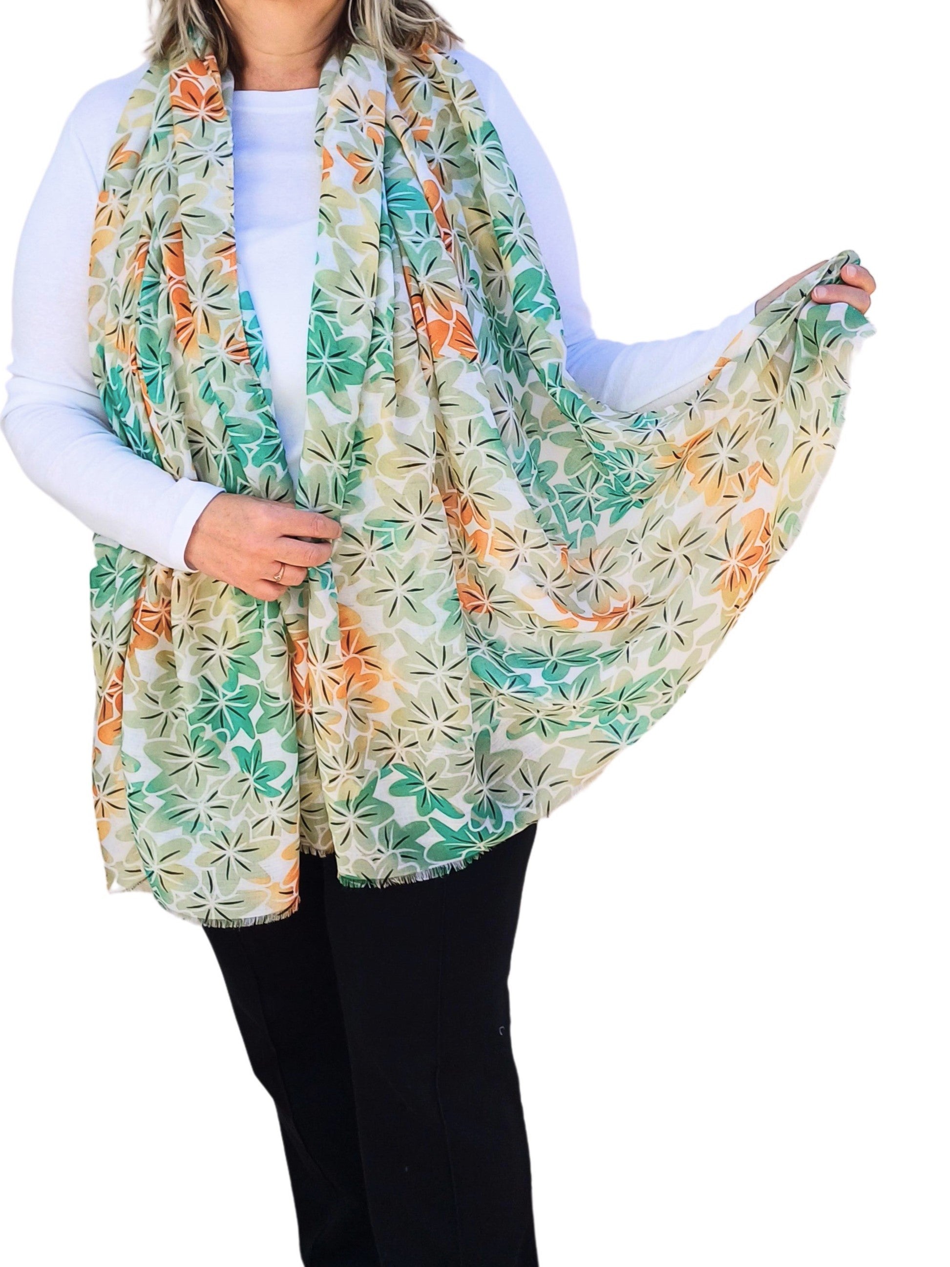 Blooming Elegance: Green Oversized Lightweight Floral Scarf - green-floral-super-soft-oversized-lightweight-scarf-wrap-Scarf