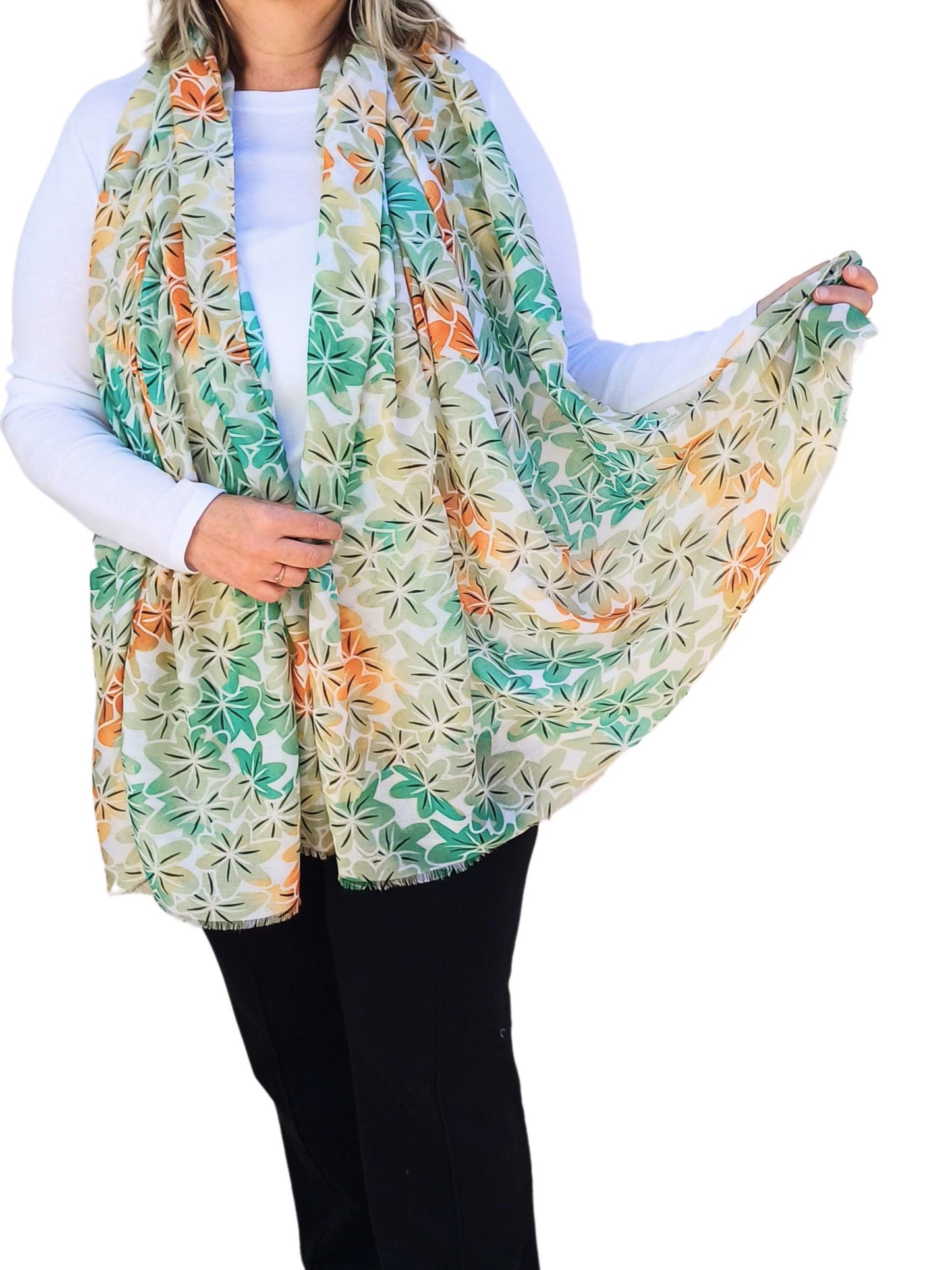 Blooming Elegance: Green Oversized Lightweight Floral Scarf - green-floral-super-soft-oversized-lightweight-scarf-wrap-Scarf