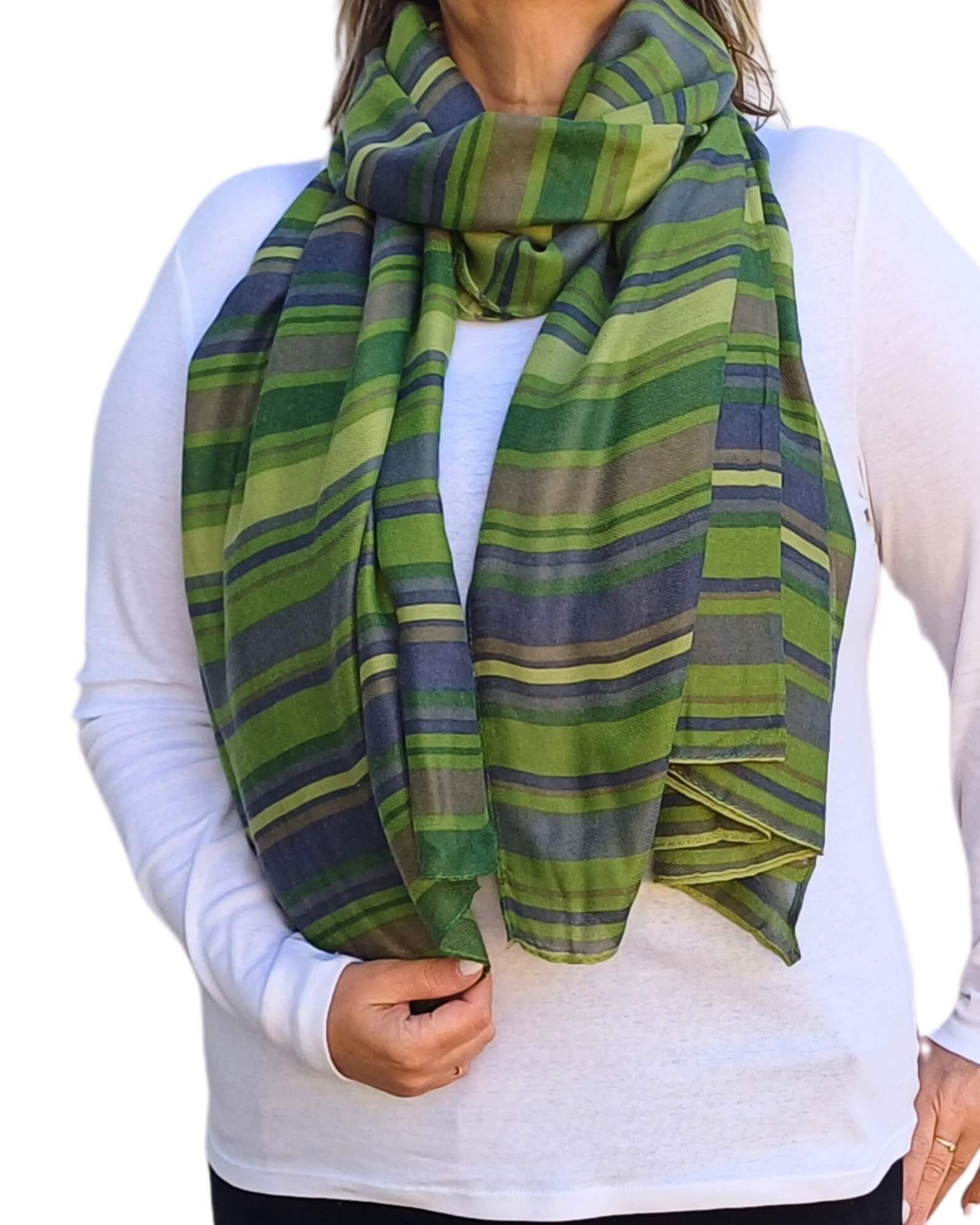 Aurora's Array: Green-Soft-Oversized-Scarf-with-Stripe-Print-on-model