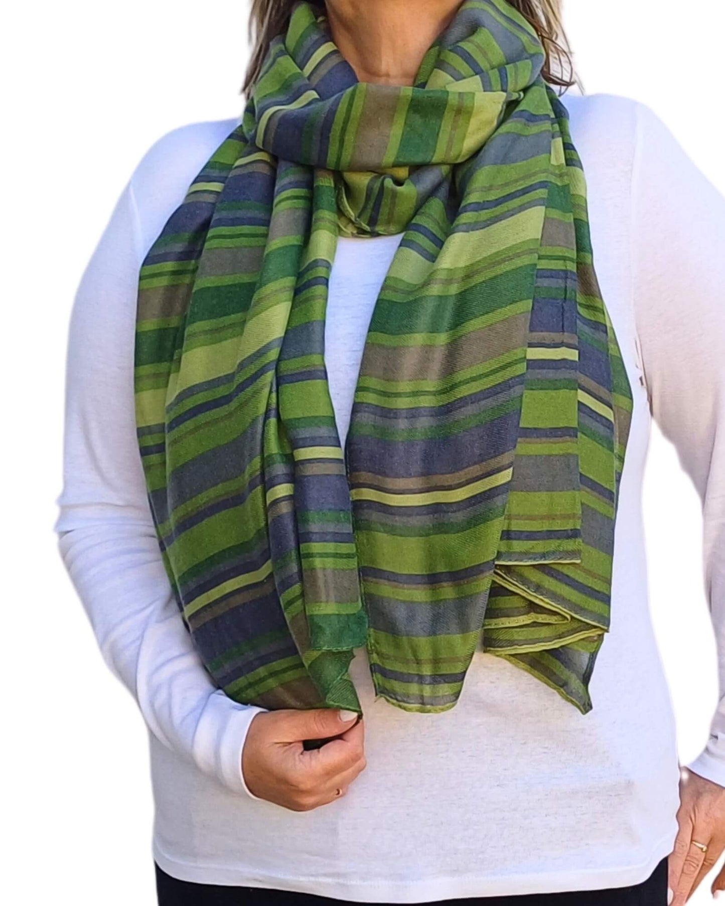 Aurora's Array: Green-Soft-Oversized-Scarf-with-Stripe-Print-on-model