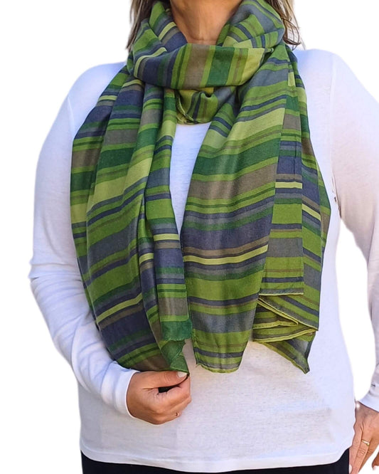 Aurora's Array: Green-Soft-Oversized-Scarf-with-Stripe-Print-on-model