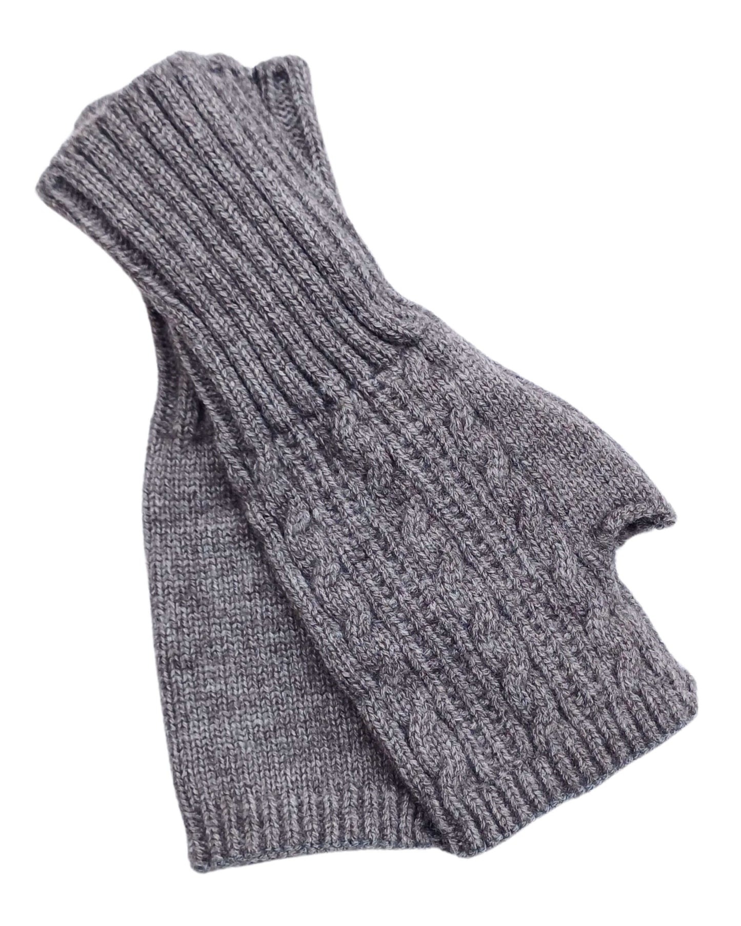 Aurora's Array Knitted Wool Mix Fingerless Gloves: A pair of grey, knitted fingerless gloves with a ribbed texture and a cable knit detail on the gloves.