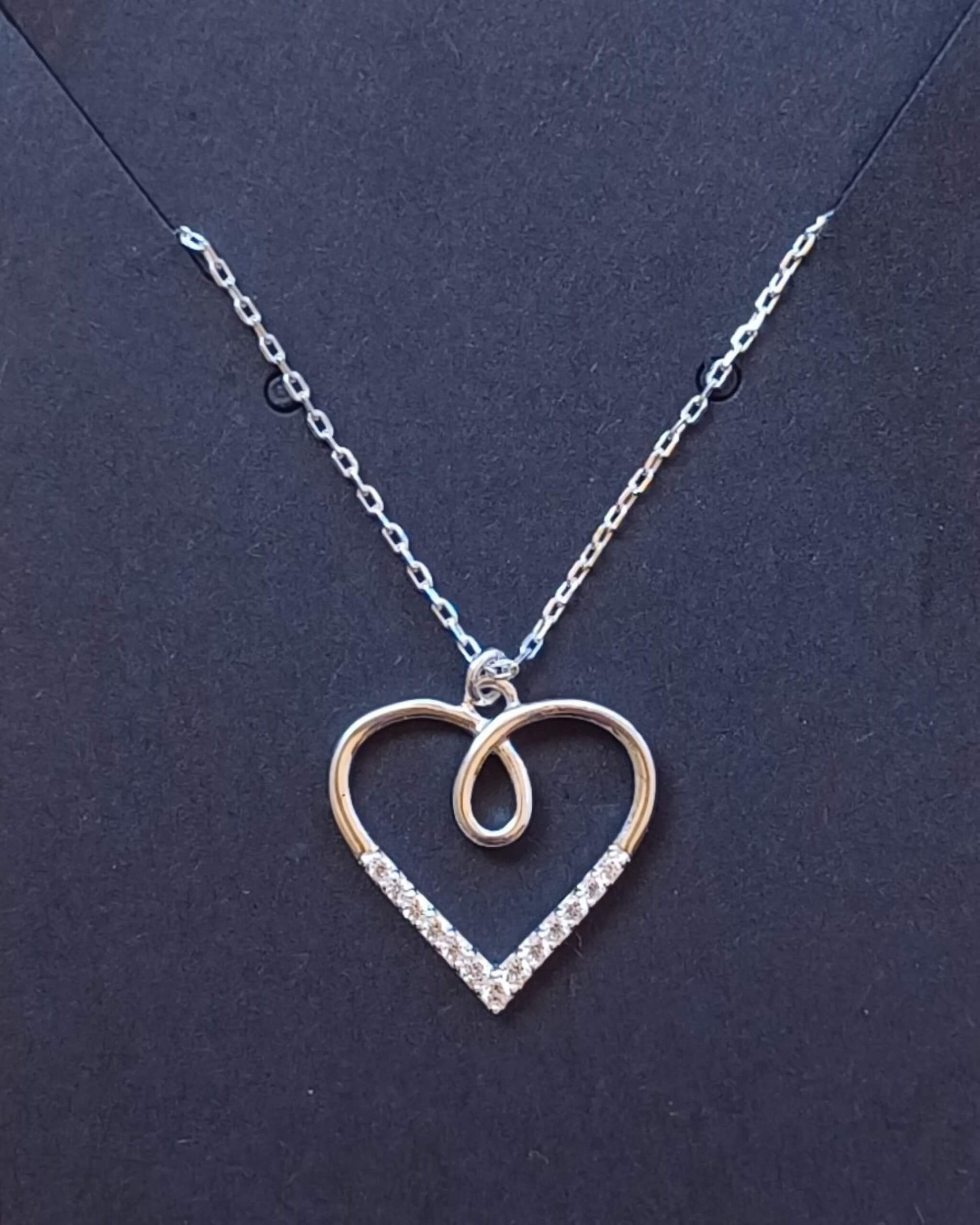 925 Sterling Silver Necklace with an Outline Looped Heart Pendant with Cubic Zirconia Stones - 925-sterling-silver-necklace-with-an-outline-looped-heart-pendant-with-cubic-zirconia-stones-Silver