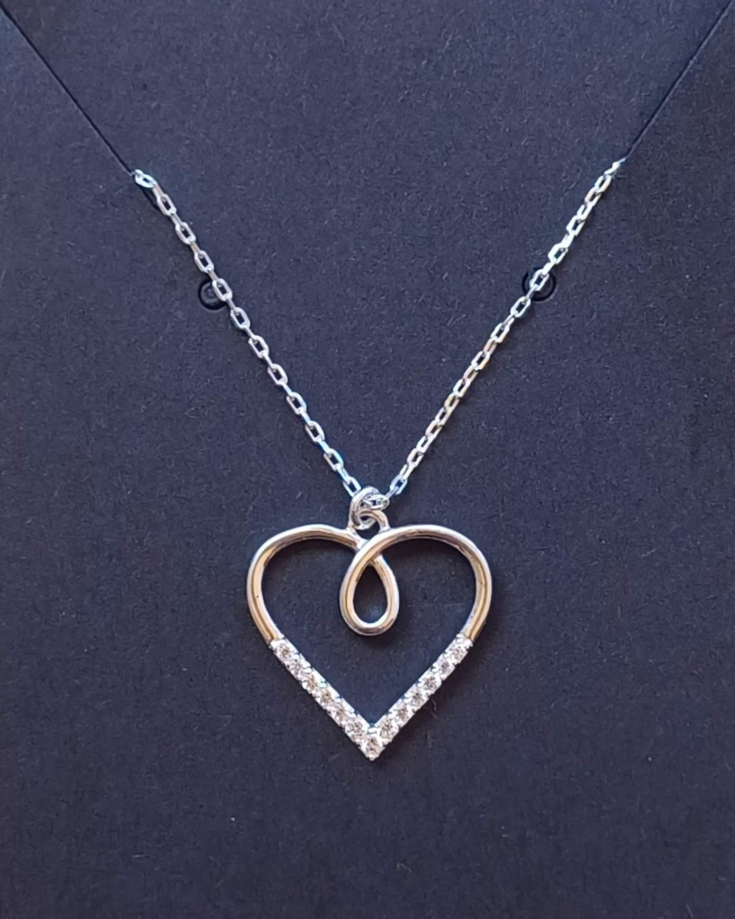 925 Sterling Silver Necklace with an Outline Looped Heart Pendant with Cubic Zirconia Stones - 925-sterling-silver-necklace-with-an-outline-looped-heart-pendant-with-cubic-zirconia-stones-Silver