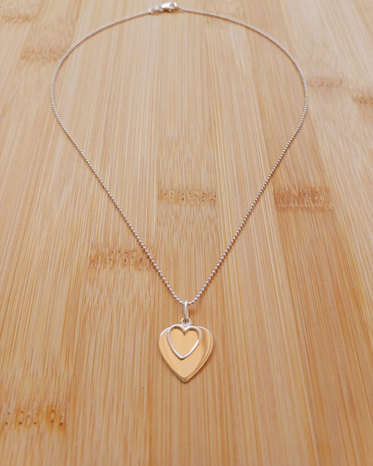 Delicate Sterling Silver Necklace with Double Heart Pendant - 925-sterling-silver-necklace-with-plain-and-outline-heart-pendant-Silver