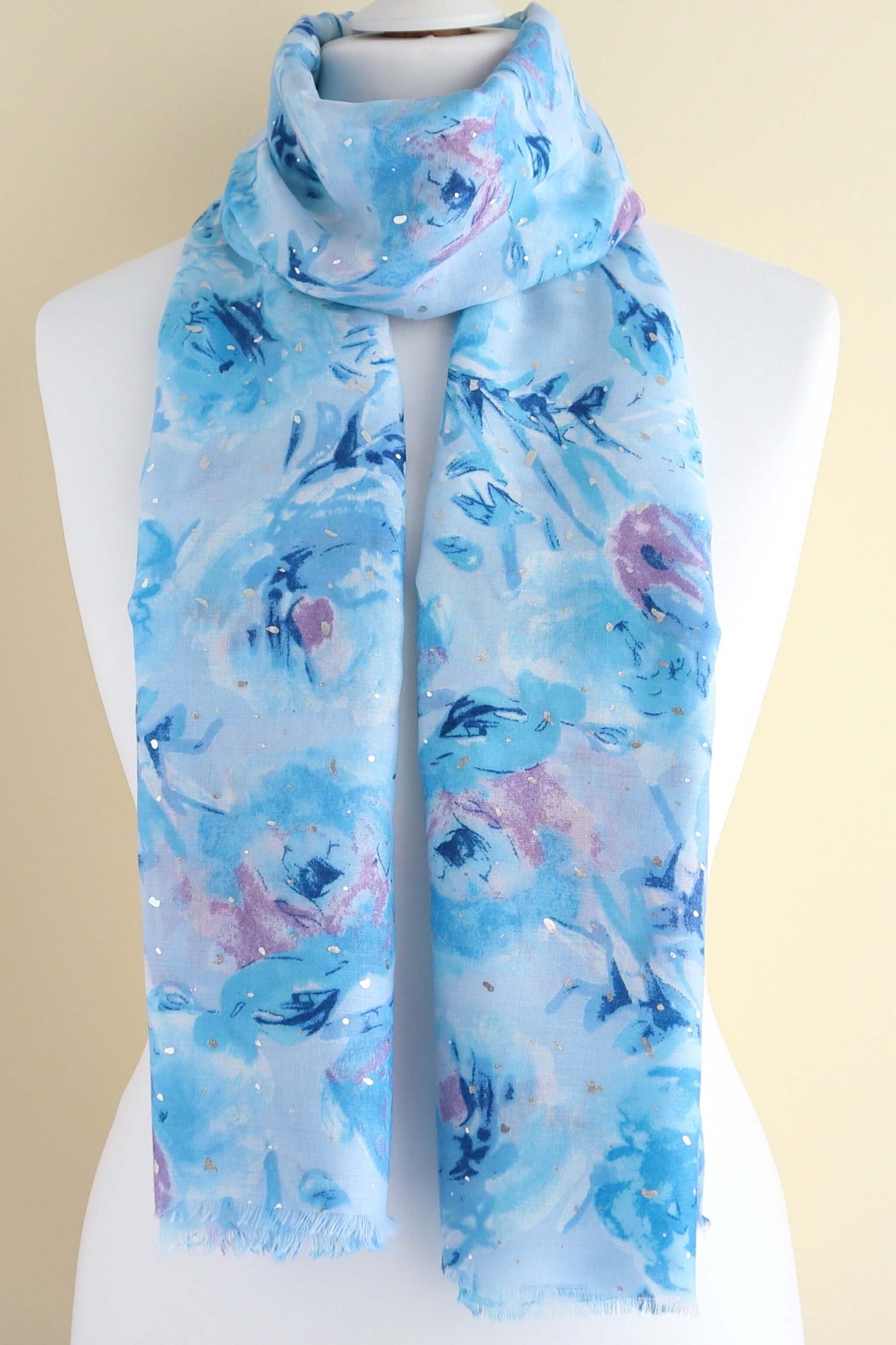 Silver Foil Speckled Rose Floral Print Frayed Scarf - silver-foil-speckled-rose-floral-print-frayed-scarf-Scarf