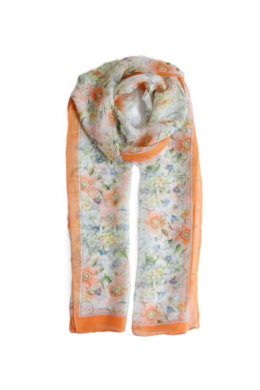 Silky Soft Floral Chiffon Scarf - 30g-floral-chiffon-scarf-silky-soft-vibrant-print-orange-blue-grey-edge-Scarf