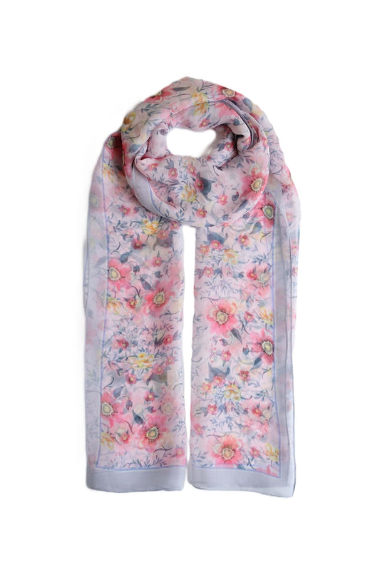 Silky Soft Floral Chiffon Scarf - 30g-floral-chiffon-scarf-silky-soft-vibrant-print-orange-blue-grey-edge-Scarf