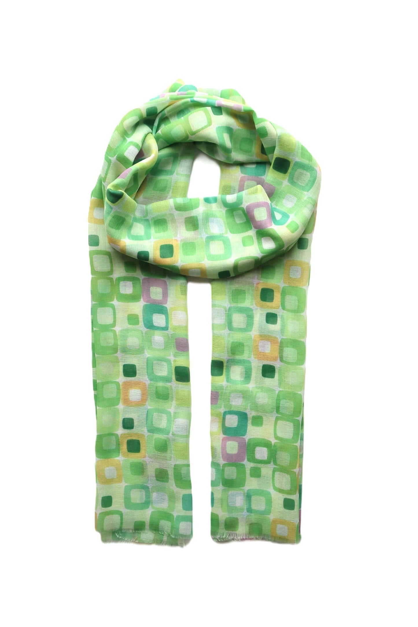 Vibrant green summer scarf with a colourful geometric square pattern in yellow, pink and white accents. Super soft and lightweight.