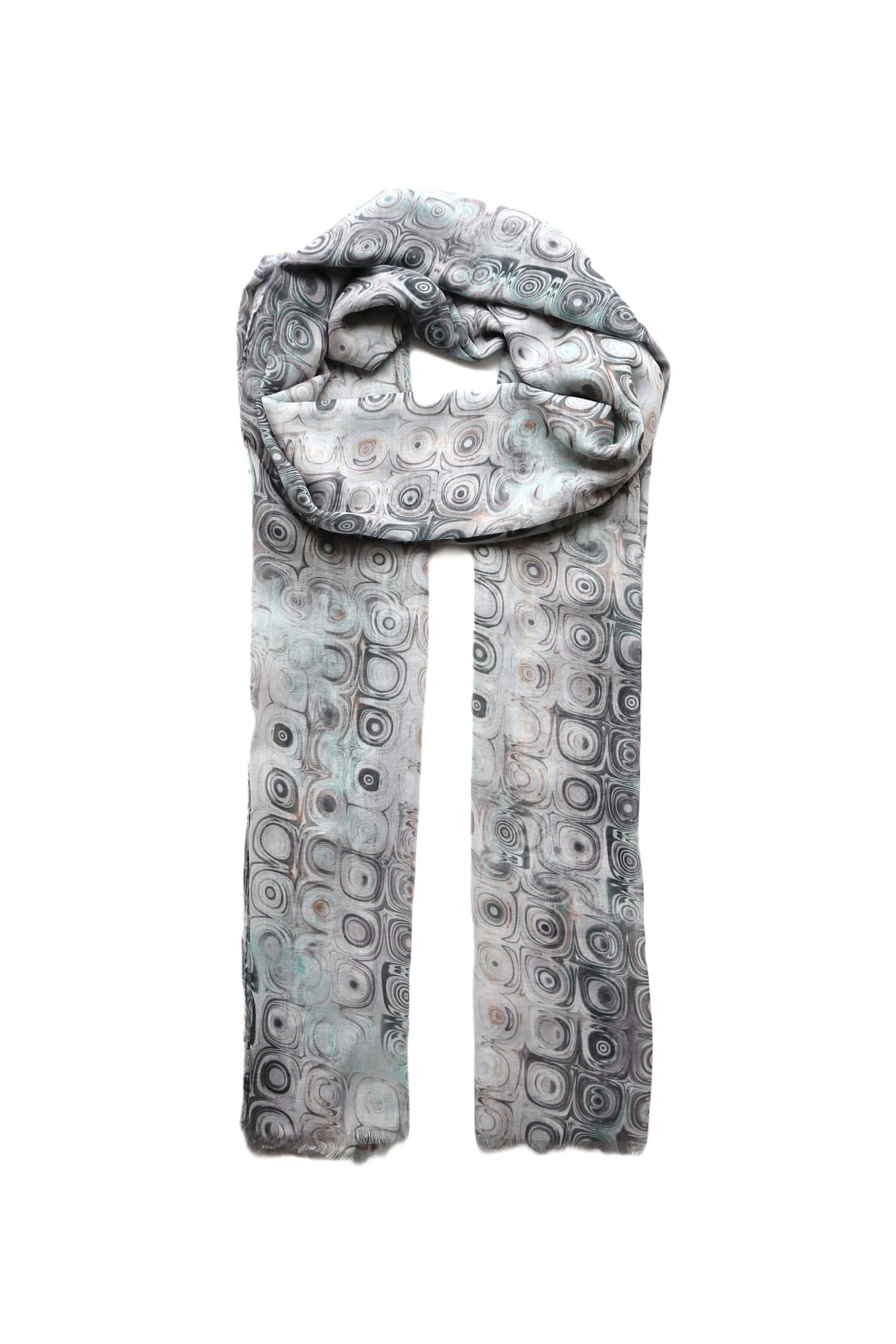 Monochrome scarf with a retro-inspired geometric circle pattern in shades of grey and white. Lightweight and stylish accessory.