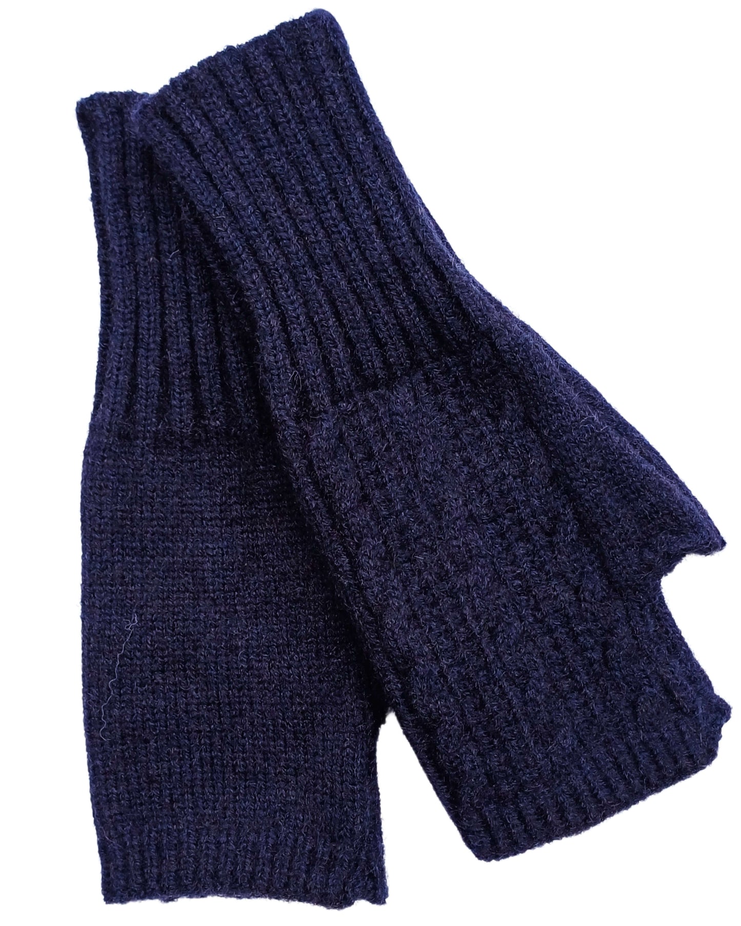 Aurora's Array Knitted Wool Mix Fingerless Gloves: A pair of navy blue, knitted fingerless gloves with a ribbed texture and a cable knit detail on the gloves.