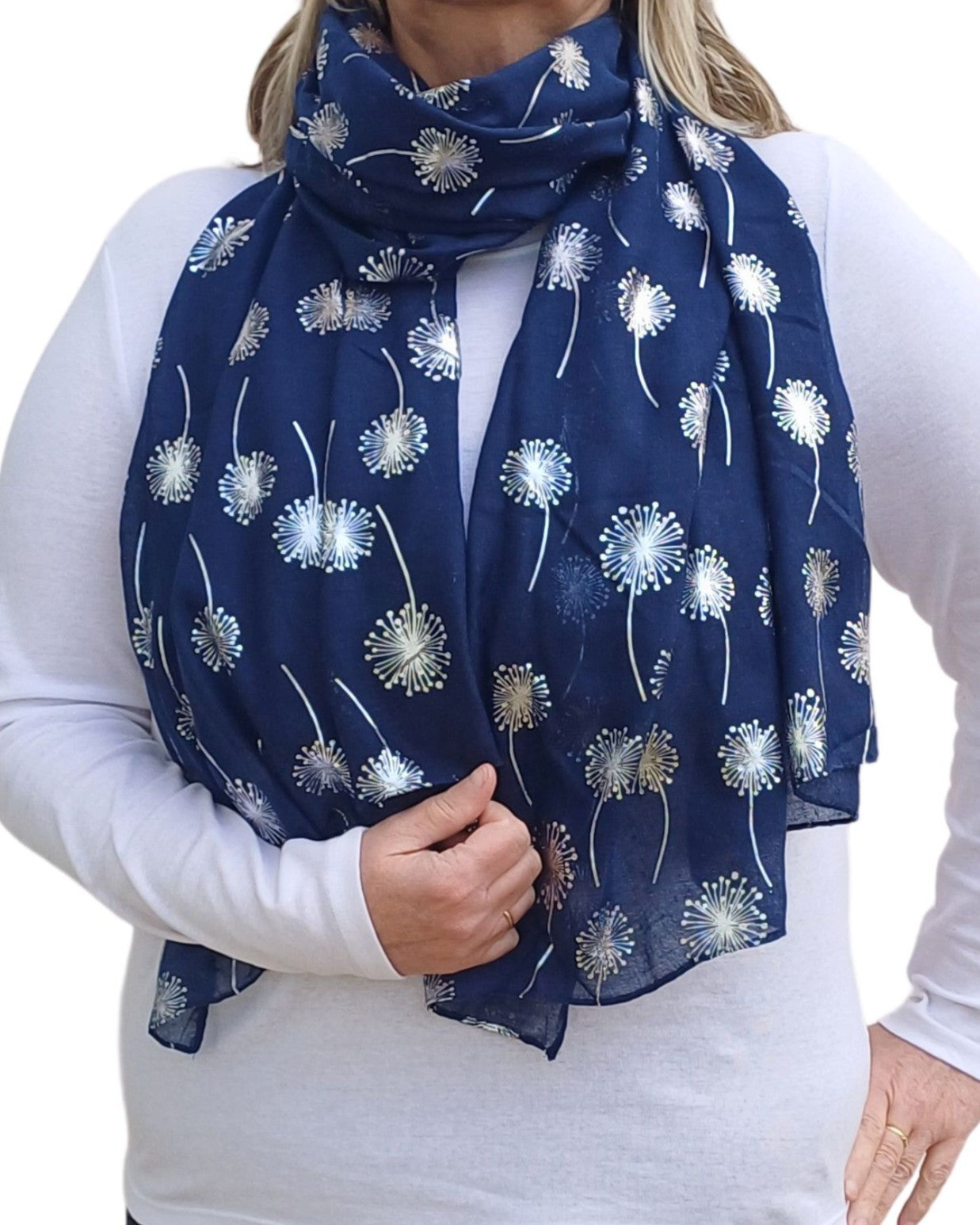 Silver Dandelion Print Scarf – Lightweight Soft Cotton-Viscose Blend with Metallic Foil