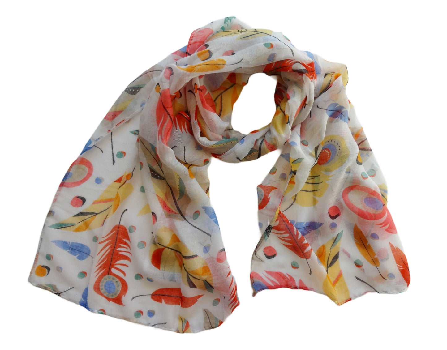 Orange, pink and blue feather printed large, soft, lightweight scarf for spring and summer or any season - orange-pink-and-blue-feather-printed-large-soft-lightweight-scarf-for-spring-and-summer-or-any-season-Scarf