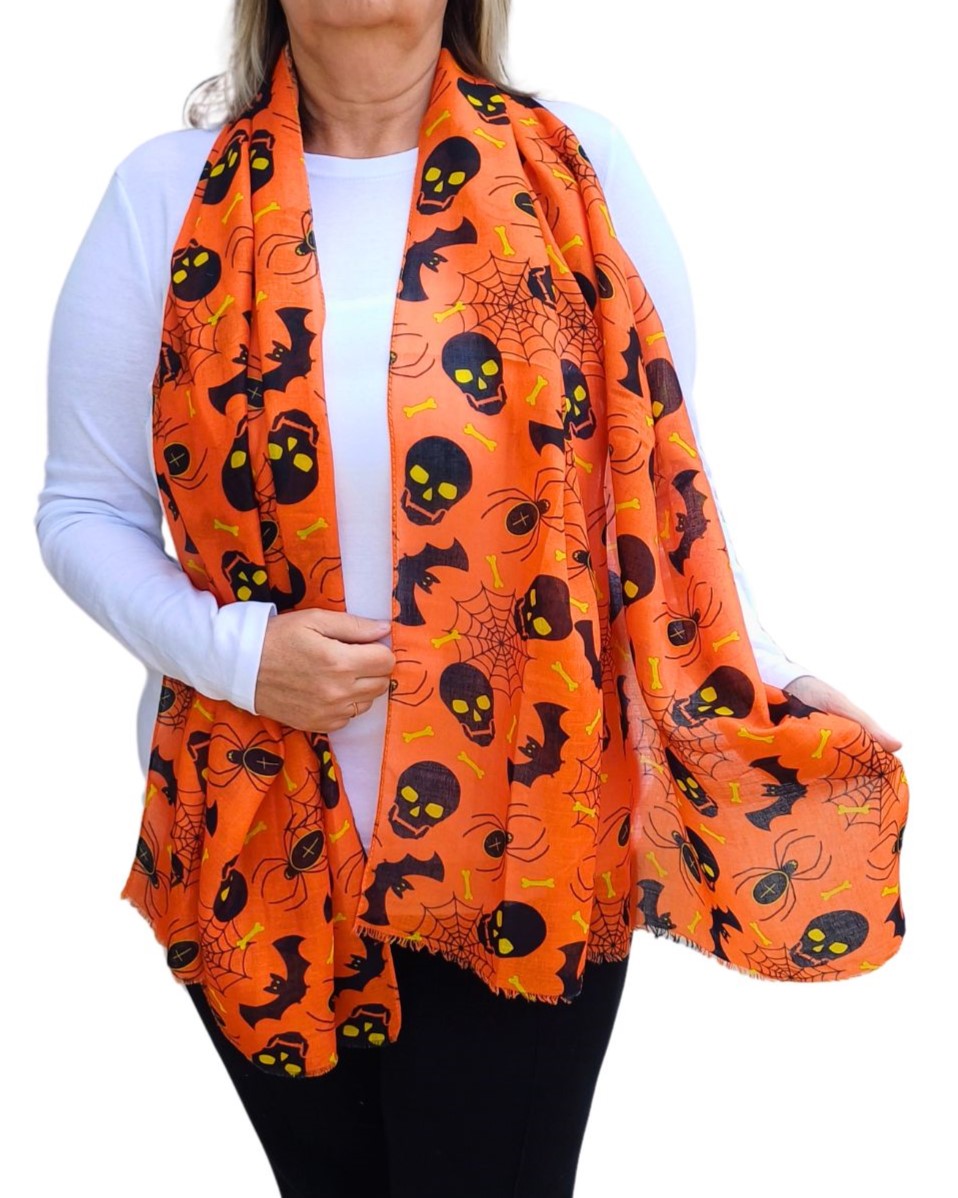 Aurora's Array: Halloween Spooktacular Skulls Scarf on a model