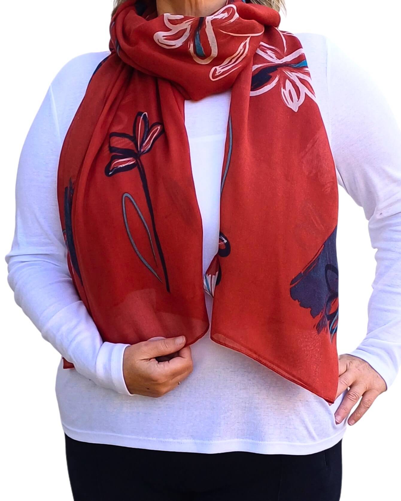 Aurora's Array: Woman models a soft, lightweight oversized scarf with an abstract floral sketch print in shades of red, white, navy, and teal.