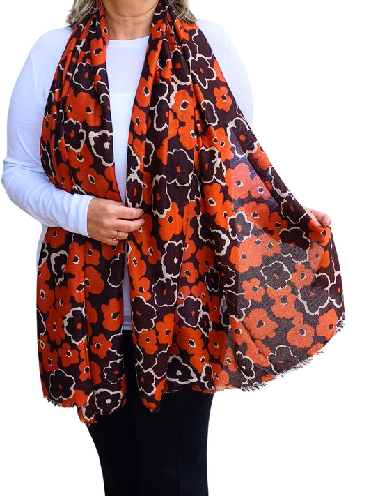 Orange-Daisy-Flower-Head-Cotton-Modal-Mix-Scarf-on-model