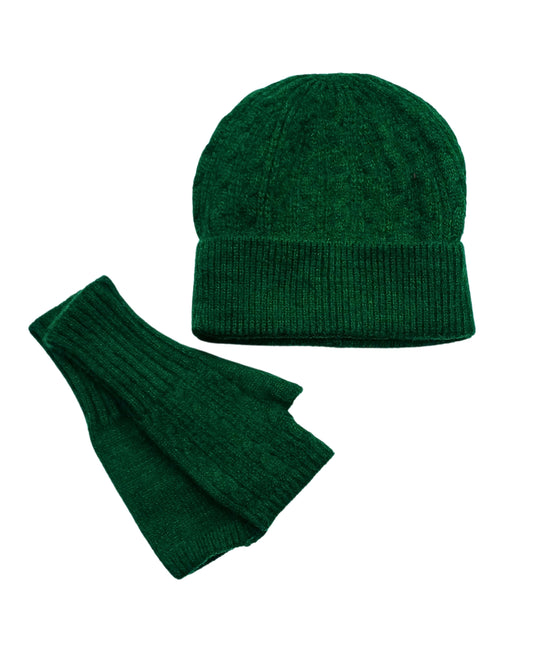 Aurora's Array Pine Green Wool Mix Beanie and Fingerless Gloves Set: A matching set of a forest green knitted beanie hat with a ribbed brim and a pair of fingerless gloves with a ribbed texture and a cable knit detail on the gloves