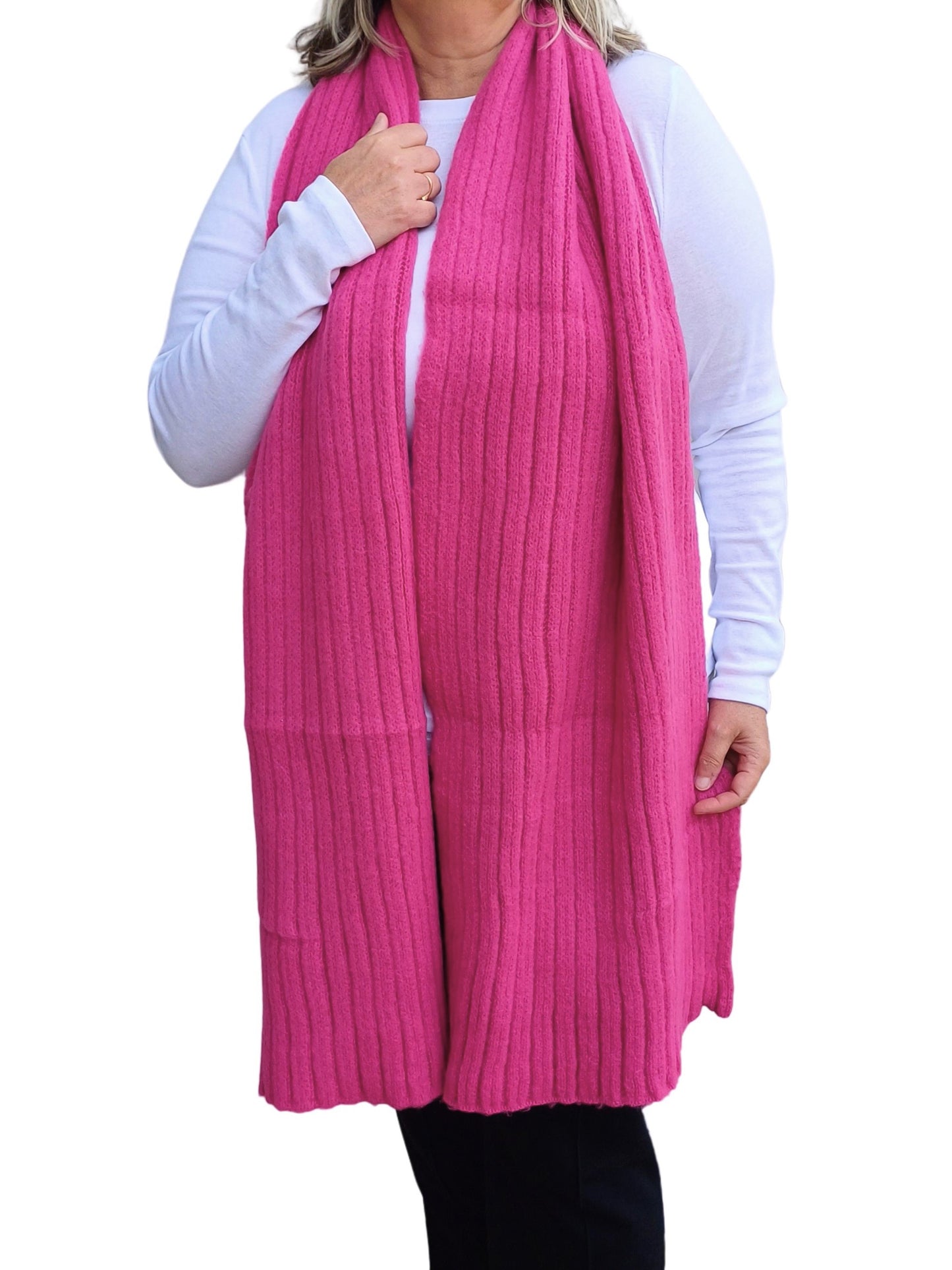 Aurora's Array: Pink-Blanket-Scarf-Plain-Wool-Knitted-on-a-model-long