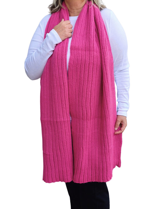 Aurora's Array: Pink-Blanket-Scarf-Plain-Wool-Knitted-on-a-model-long