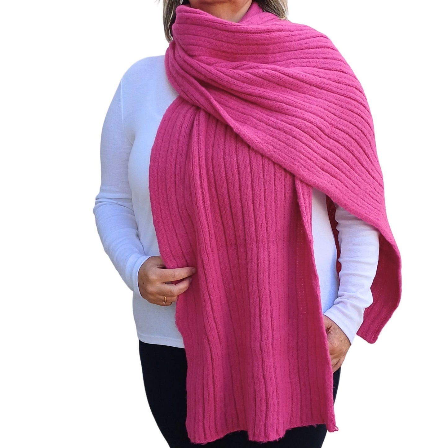 Aurora's Array: Pink-Blanket-Scarf-Plain-Wool-Knitted-on-a-model