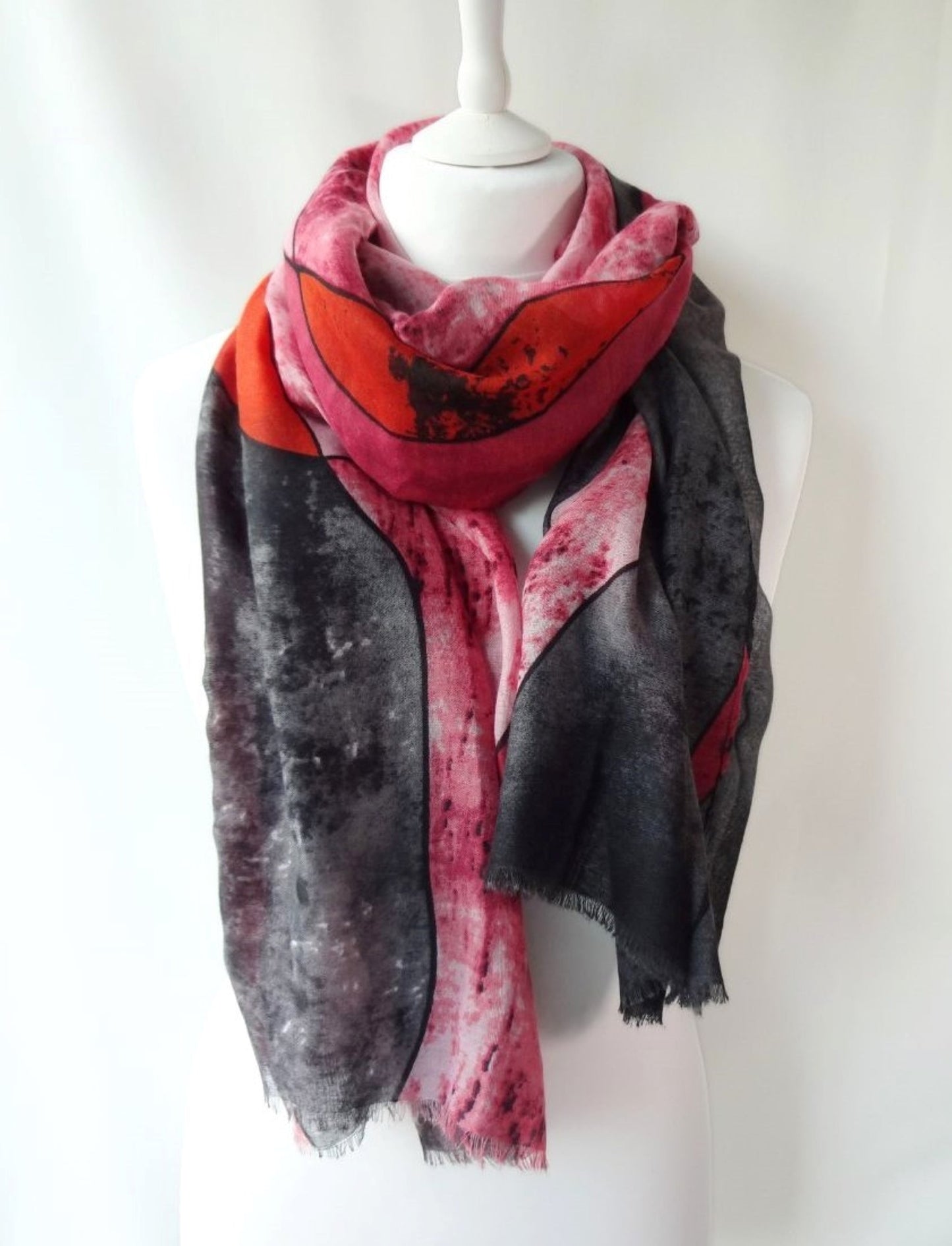 Pink oversized abstract painting colourful lightweight scarf with fringes - pink-oversized-abstract-painting-colourful-lightweight-scarf-with-fringes-Scarf