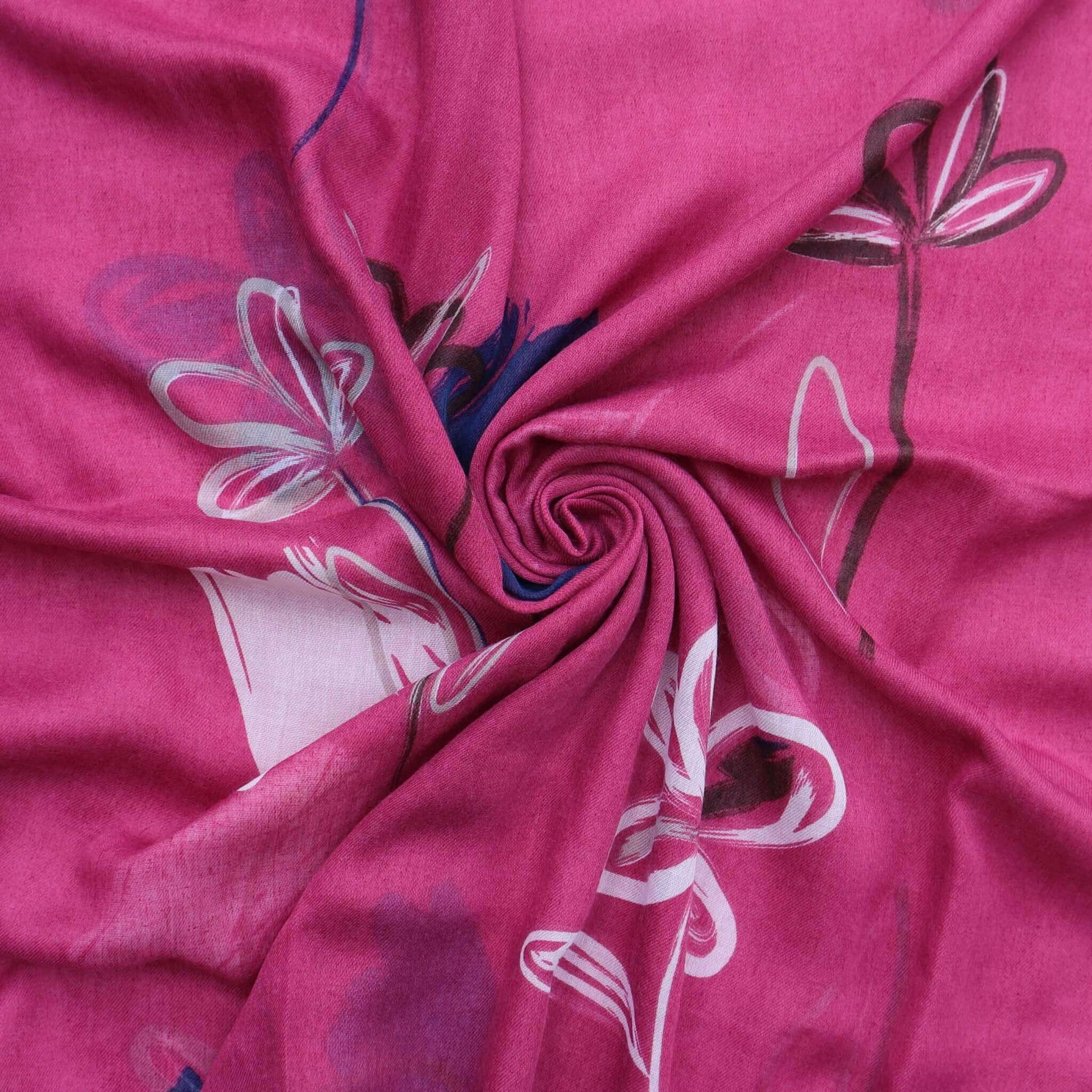 Aurora's Array: Close-up of a soft, lightweight scarf with an abstract floral sketch print in shades of deep pink, white, and navy, swirled to show detail.