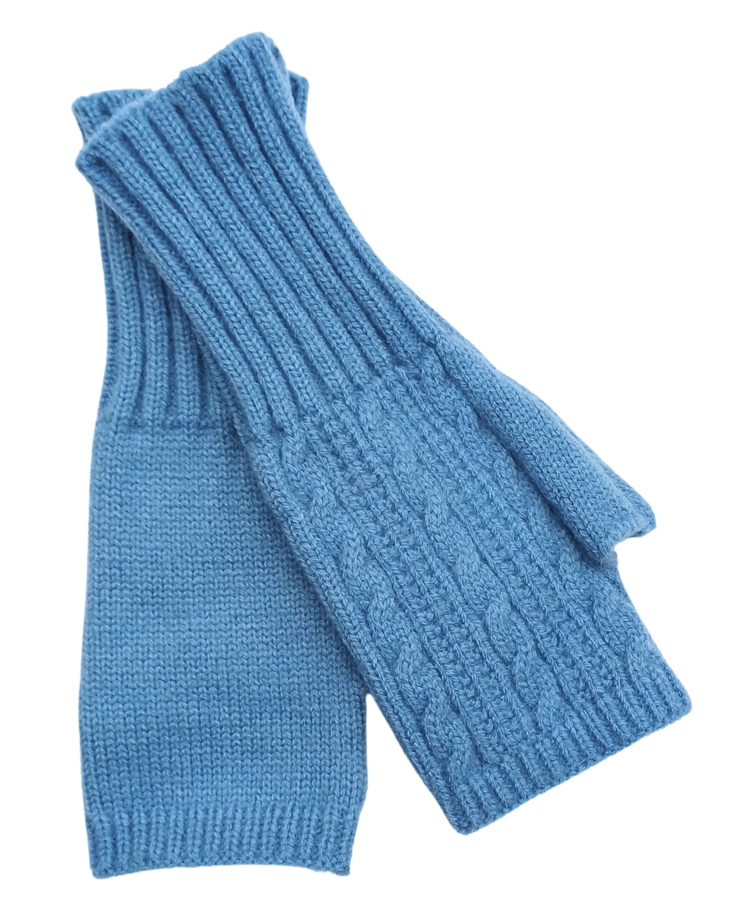 Aurora's Array Knitted Wool Mix Fingerless Gloves: A pair of powder blue, knitted fingerless gloves with a ribbed texture and a cable knit detail on the gloves.