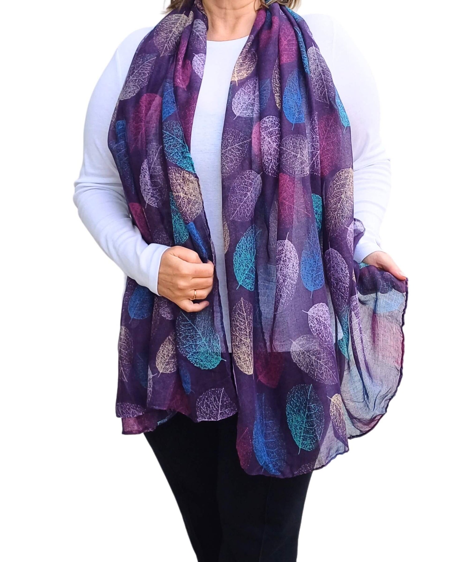 Purple-Scarf-with-Autumn-Leaves-Print-on-a-model