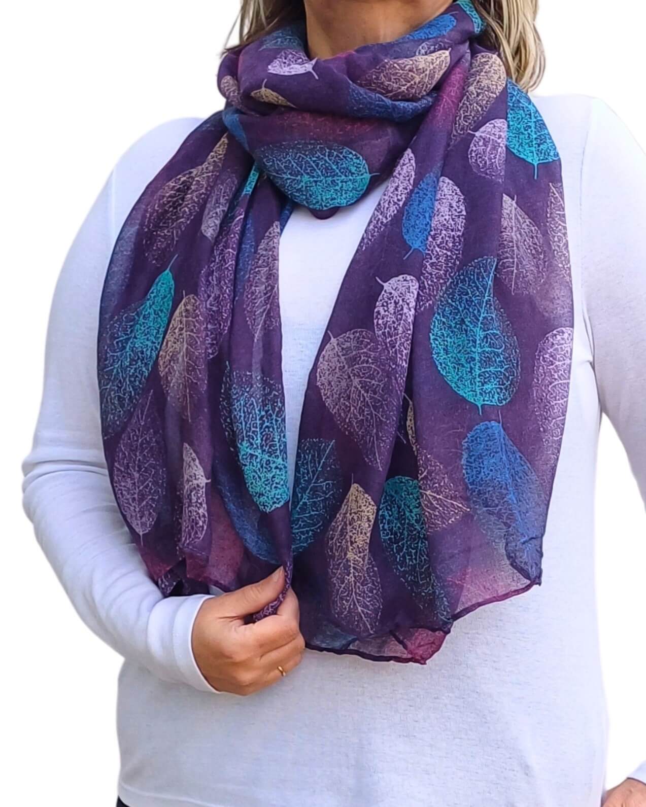 Purple-Scarf-with-Autumn-Leaves-Print-on-model